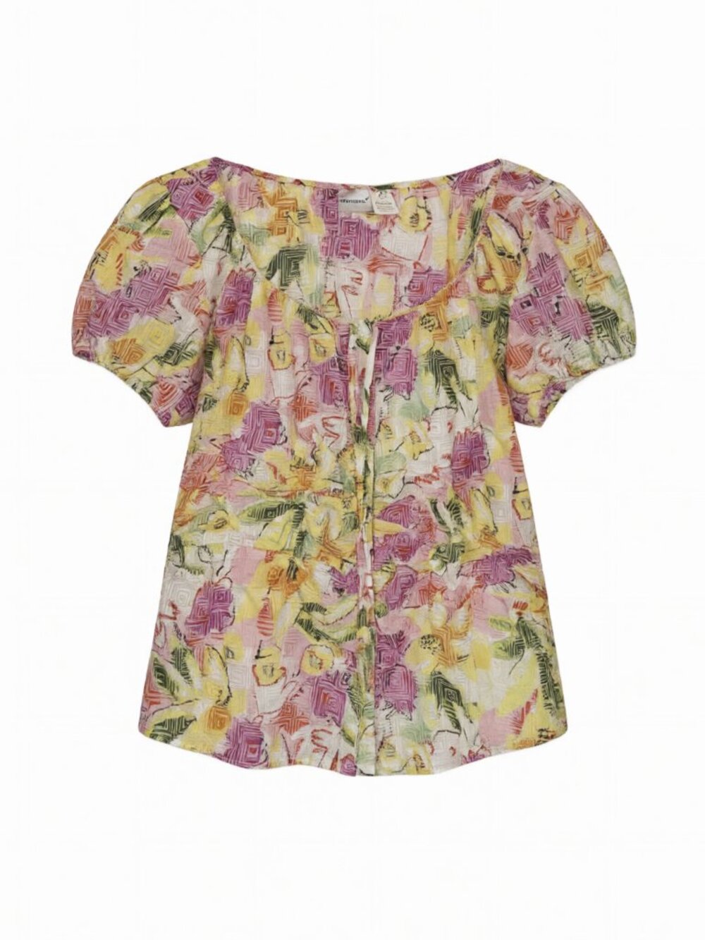 Hervé Benard Pink Yellow Women's XL Multicolor Blouse Short Sleeve Geometric